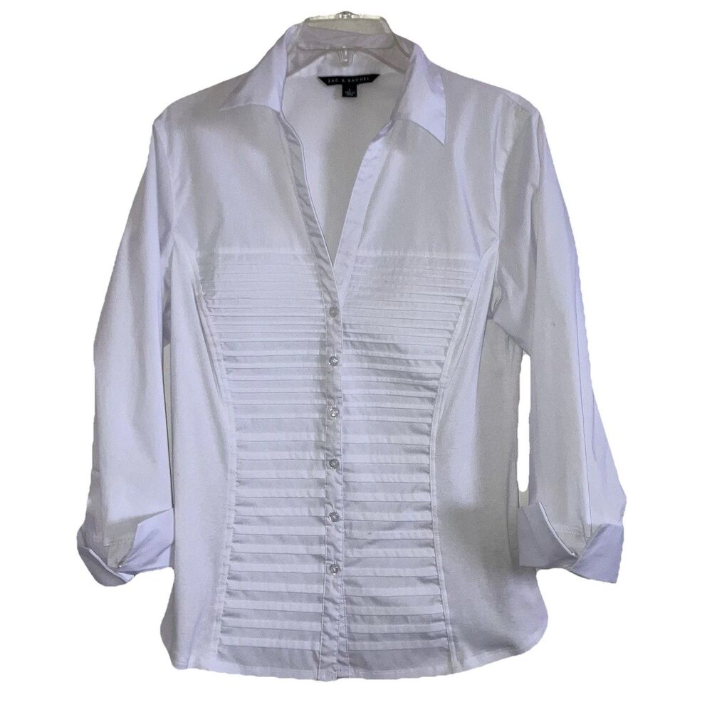 ZAC & RACHEL sz L Solid White Cotton Long Sleeve Blouse Top Pintuck Woven & Knit